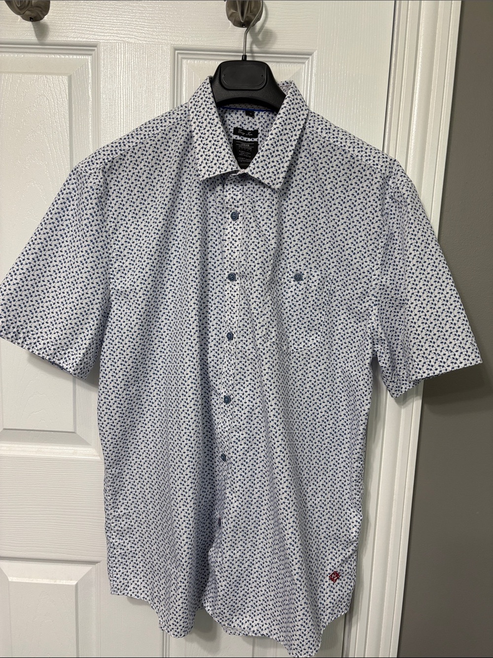 Point Zero White Short-Sleeve Button-Down with Navy Micro Print